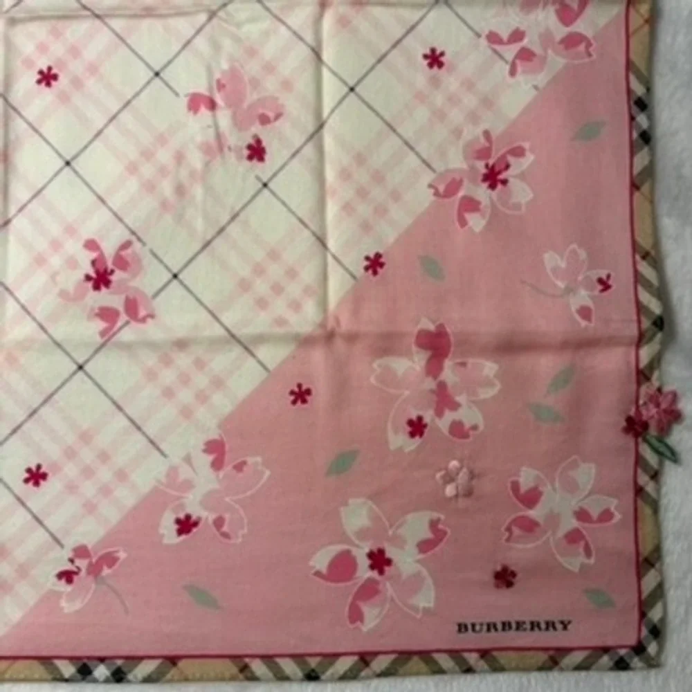 Vtg BURBERRY Scarf Handkerchief Cherry Blossom Floral Pink Cream 19